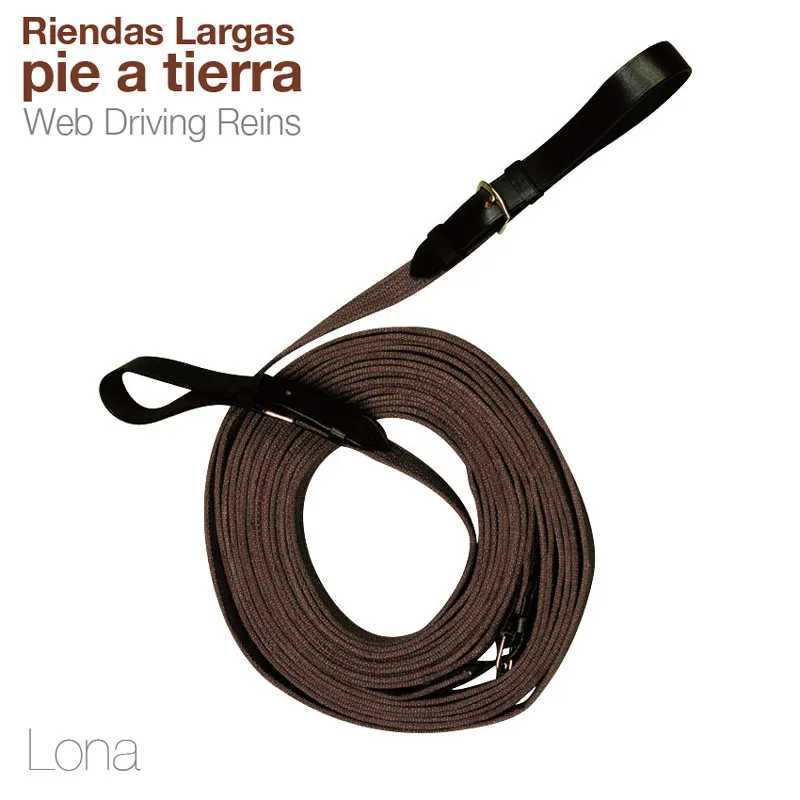 Rédea longa castanha escura de lona com extremidades pretas em couro