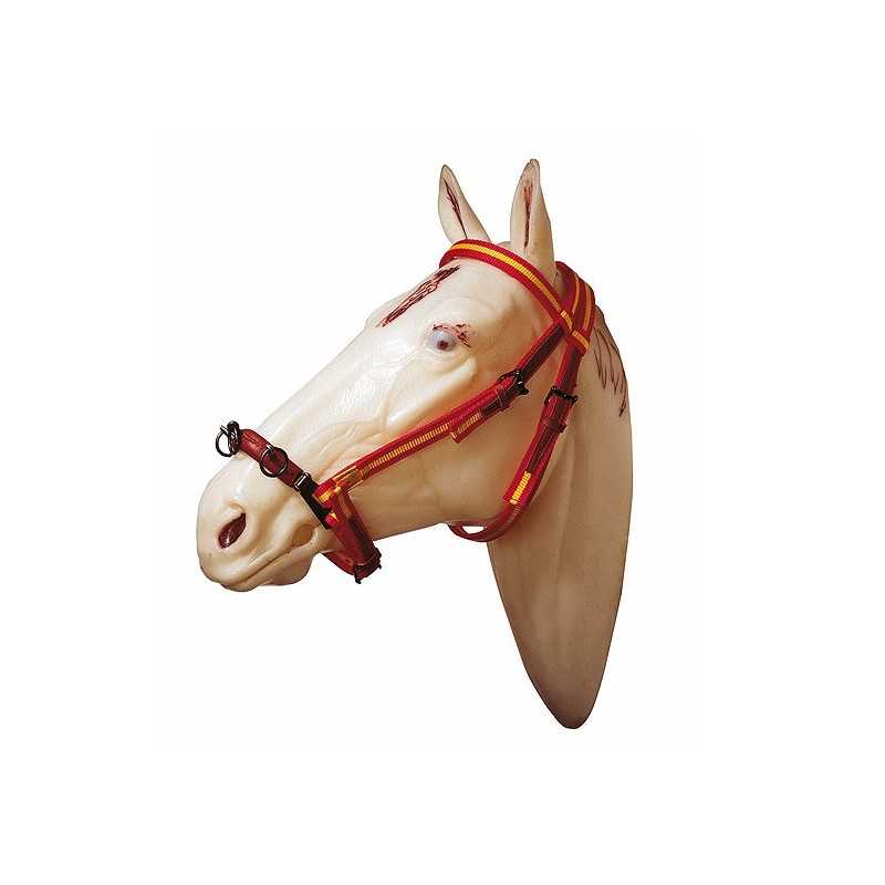 Cabeça decorativa de cavalo creme com rédeas vermelhas e castanhas