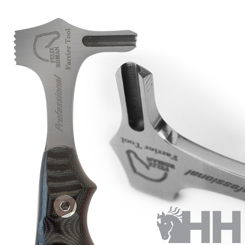 Ferramenta profissional Farrier Tool com cabo preto e cinza sobre fundo branco