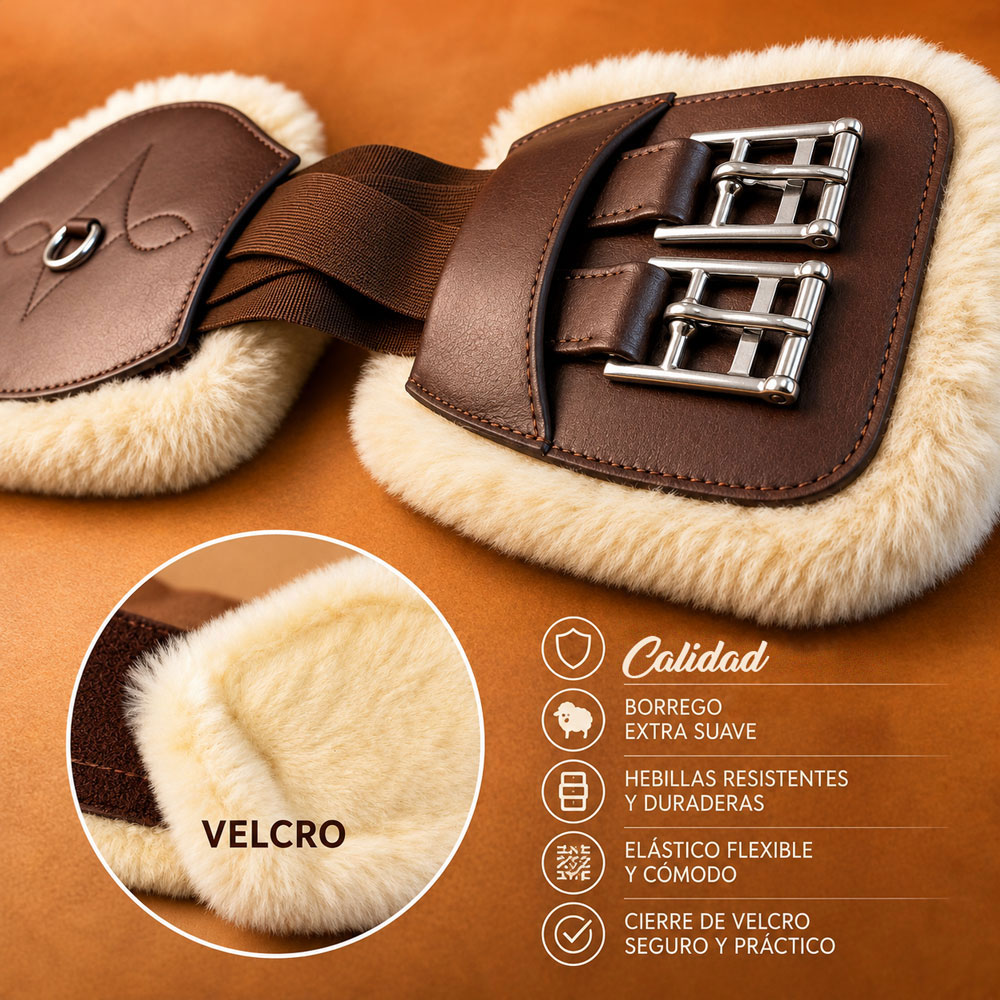 Fivela dupla de metal com suporte de couro castanho e pelo bege, cinta elástica e fecho de velcro