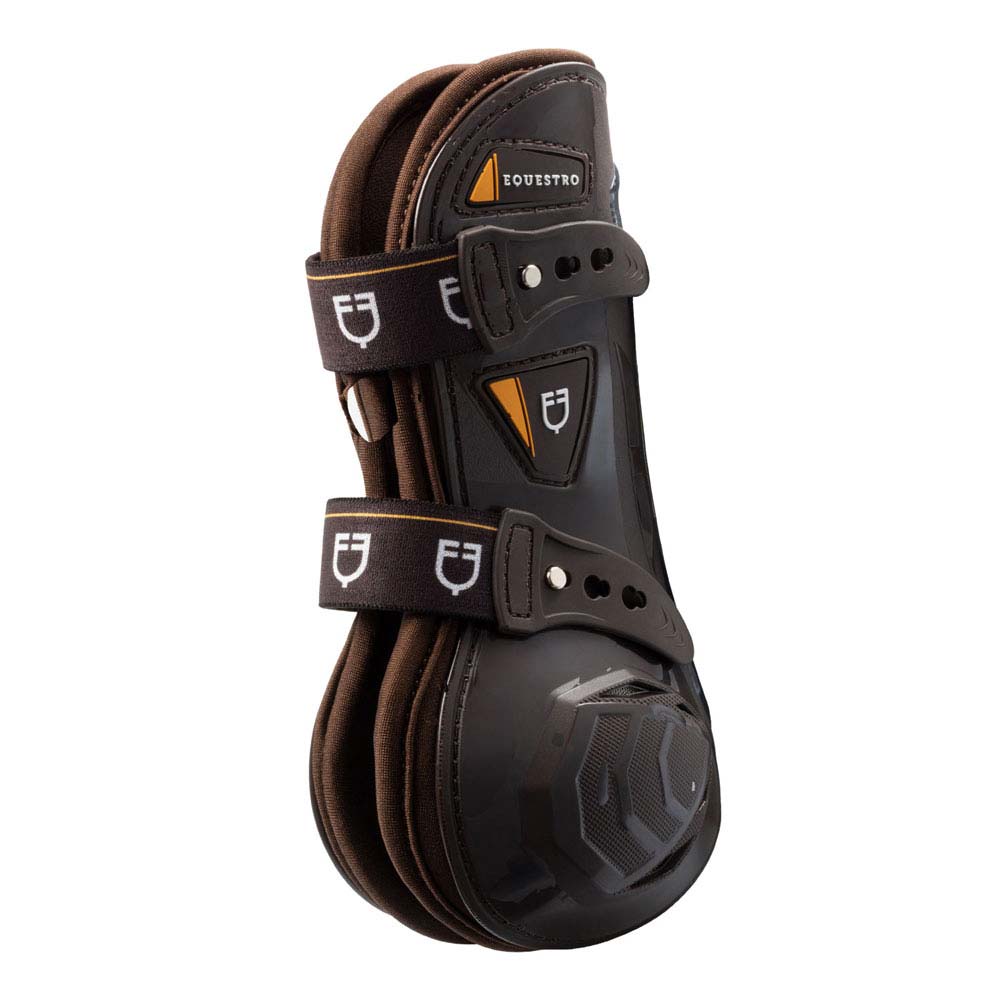 Suporte de bota de equitação preto com almofadas castanhas e tiras elásticas