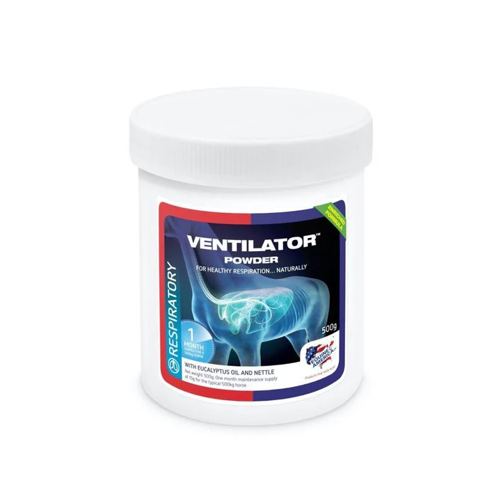 Recipiente branco de pó Ventilator Powder com ilustração anatómica em azul