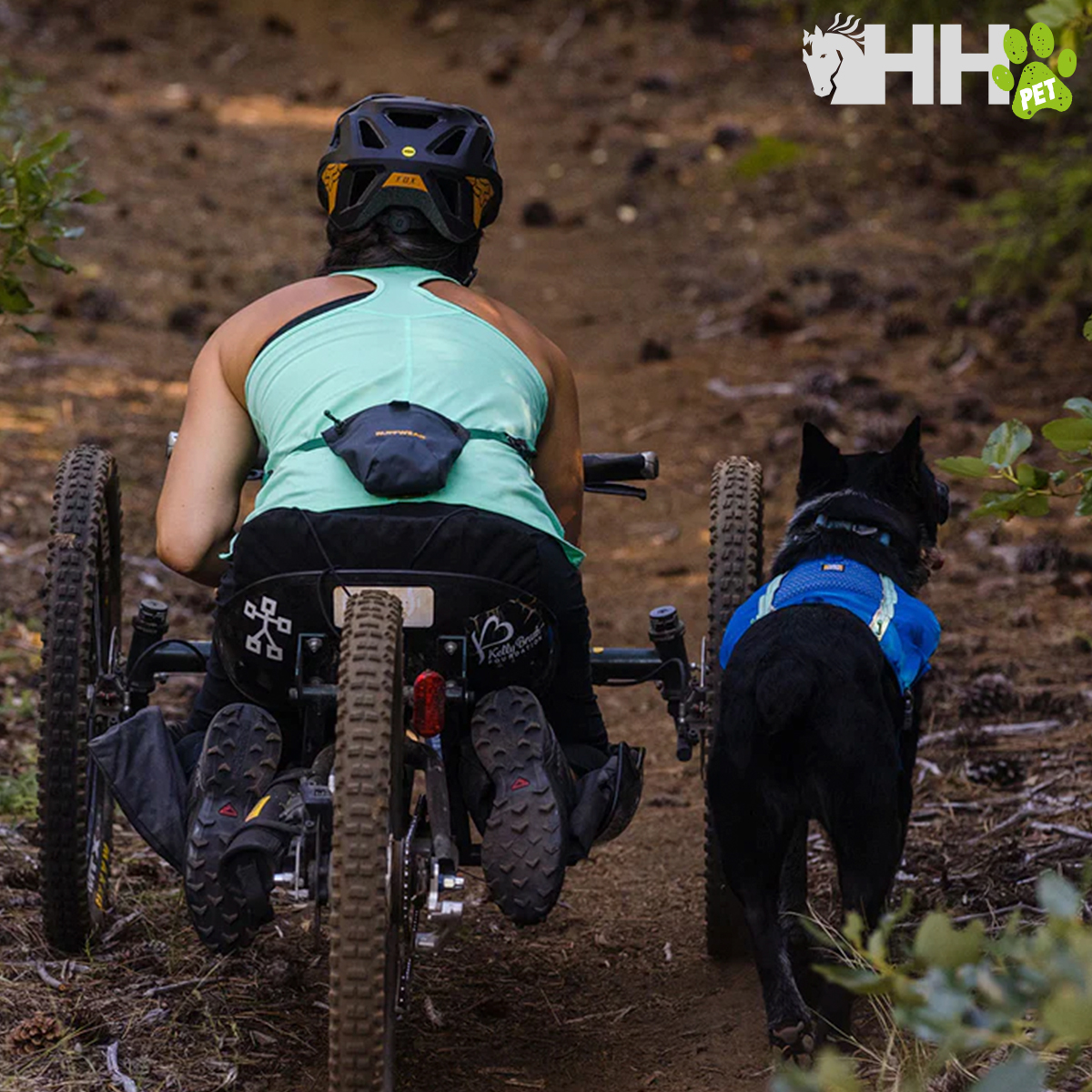 Pessoa num triciclo adaptado a pedalar num caminho florestal acompanhada por cão com arnês azul