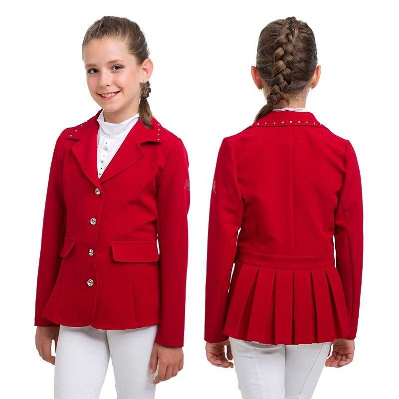 Blazer vermelho para menina com botões prateados e pregas nas costas