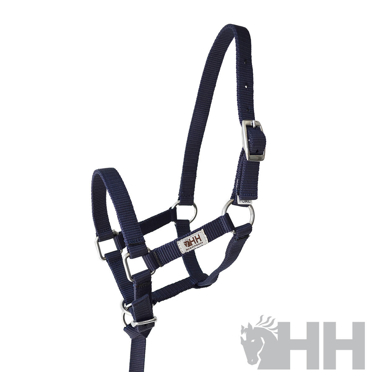 Cabresto para cavalo azul escuro em nylon com fivelas metálicas e etiqueta HH