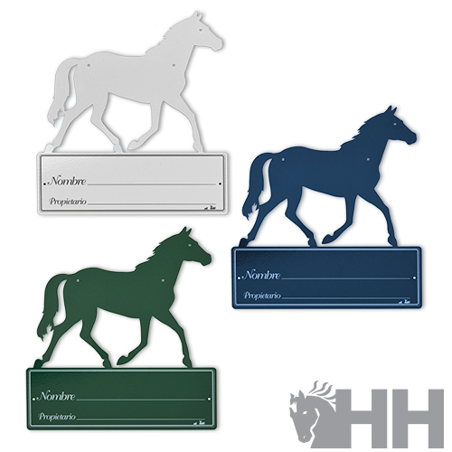 Etiquetas de identificação em forma de cavalo em branco, azul escuro e verde com campos para Nome e Proprietário