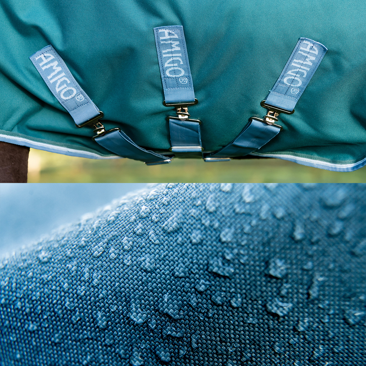 Manta azul com presilhas AHNCO e tecido impermeável detalhado com gotas de água