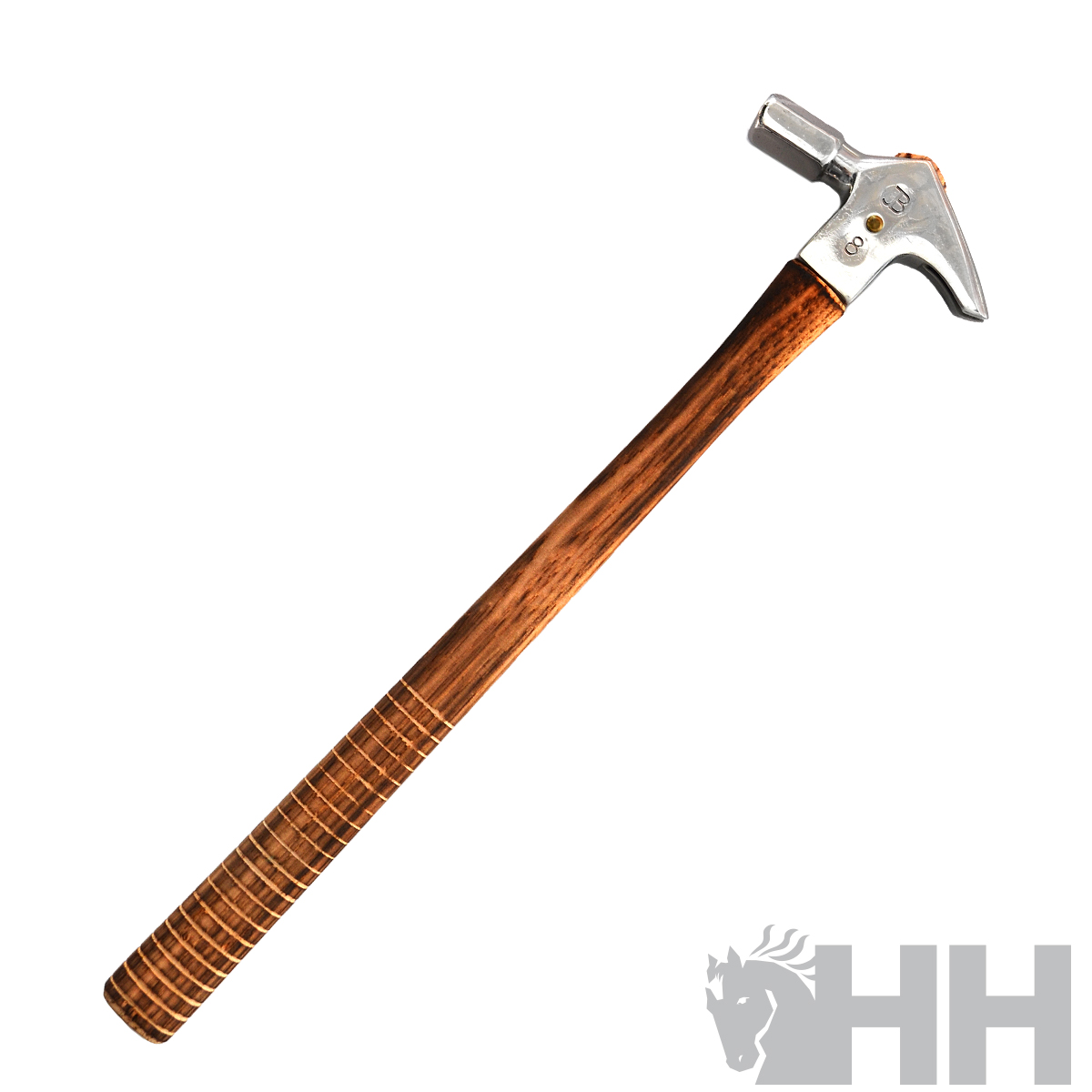 Martelo com cabo de madeira castanha e cabeça metálica prateada