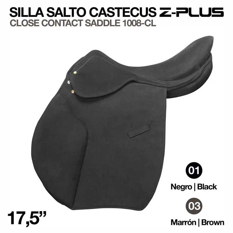 Sela de salto preta CASTECUS Z-PLUS 17,5 polegadas com texto descritivo e opções de cores.