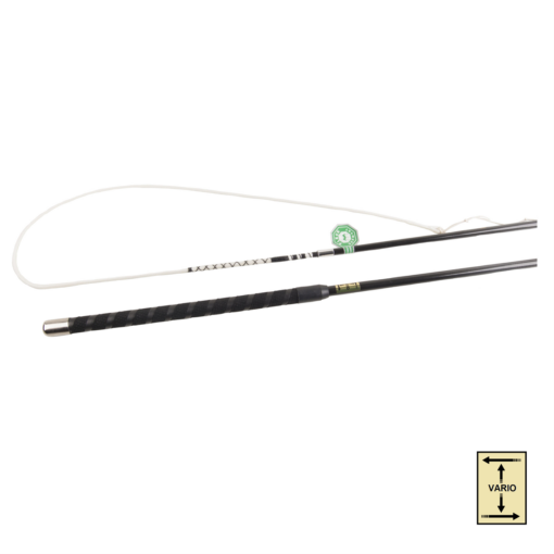 Canne de pesca preta com corda branca e selo verde sobre fundo branco