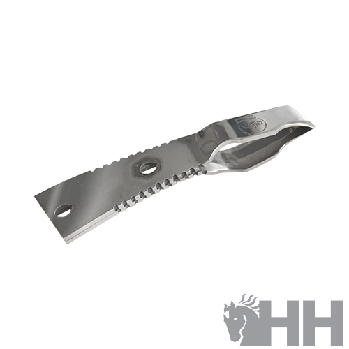 Ferramenta metálica prateada com textura dentada e dois furos