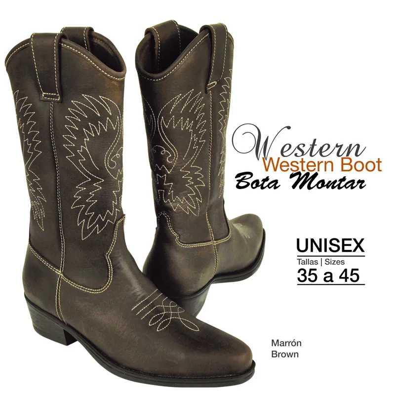 Botas western castanhas unisexo com bordados brancos, tamanhos 35 a 45