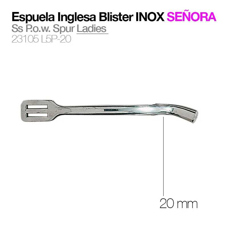 Espuela inglesa inox com paleta larga 20 mm, texto em embalagem.