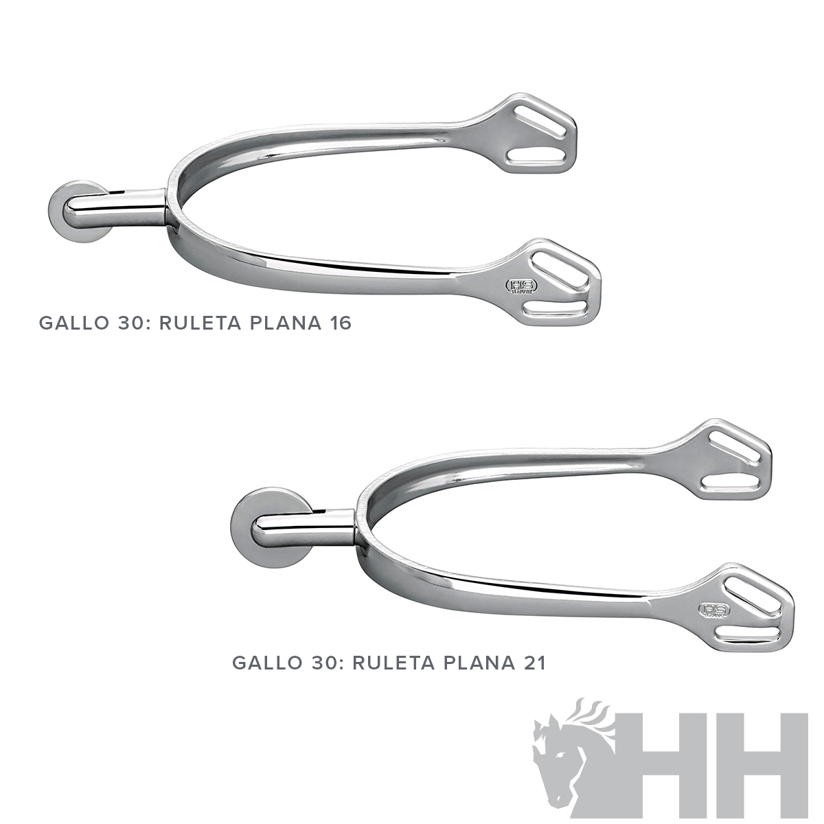 Conjunto de dois esporas metálicas prateadas com acabamento brilhante e texto impresso.