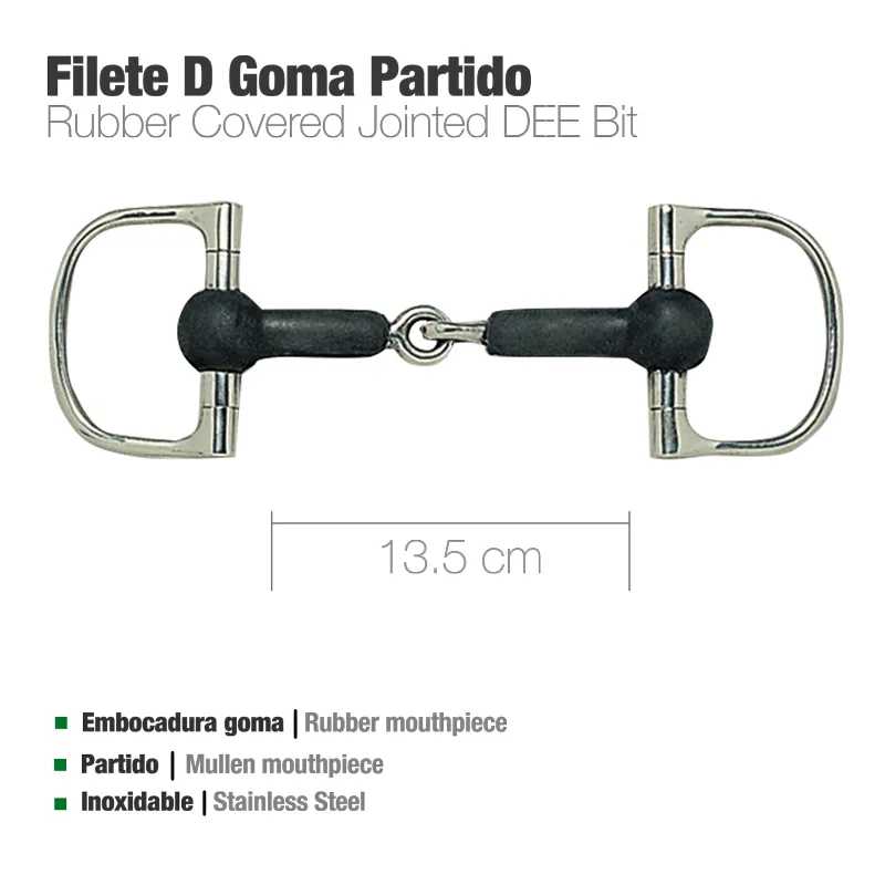 Embocadura para cavalo Filete D Goma Partido em aço inoxidável com boca em borracha preta e peça articulada de 13,5 cm.