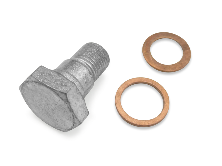 Parafuso hexagonal prateado com duas arruelas de cobre