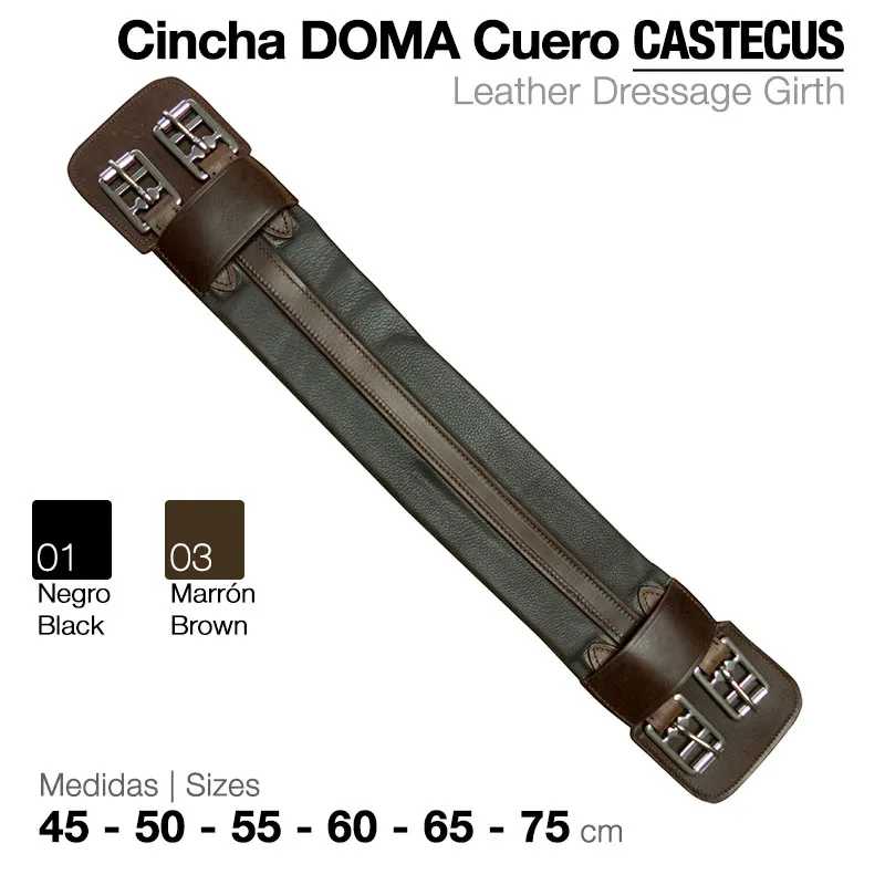 Cincha de couro DOMA CASTECUS para equitação preta e castanha com fivelas metálicas duplas.