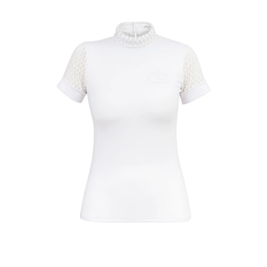 T-shirt branca feminina com gola alta e mangas de renda