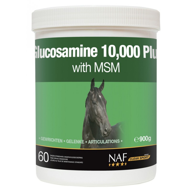 Frasco de suplemento Glucosamine 10,000 Plus with MSM com imagem de cavalo e texto