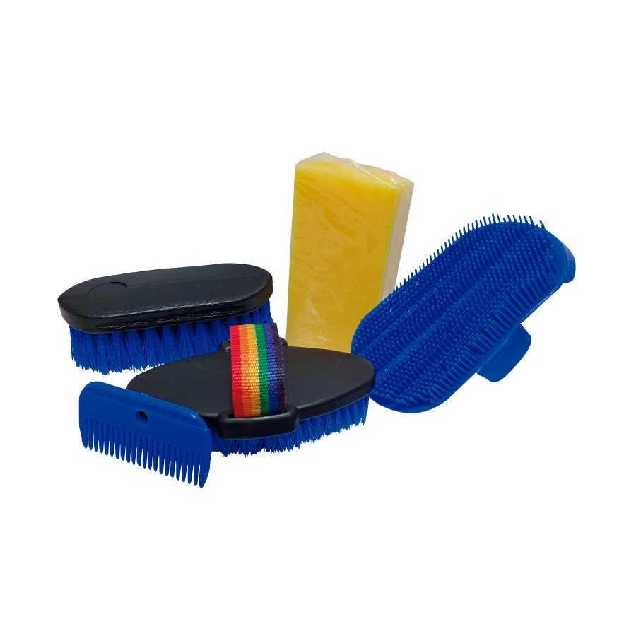 Conjunto de escovas e esponja para animais, azul e amarelo