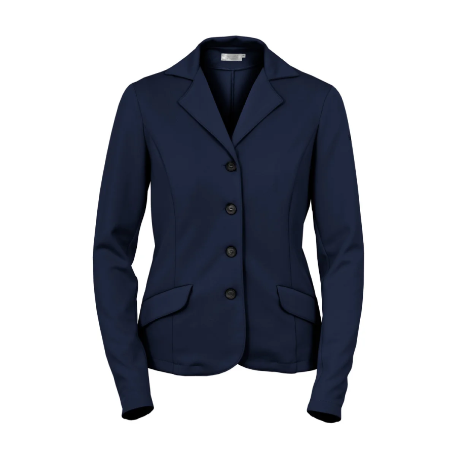 Casaco feminino azul escuro com botões pretos e gola clássica