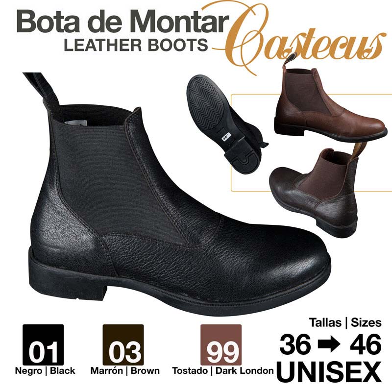 Botas de montar em pele preto, castanho e tostado com elásticos laterais e sola preta, tamanhos 36 a 46 unisex