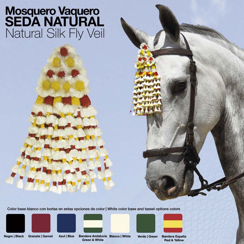 Mosquero vaqueiro de seda natural com borlas coloridas num cavalo cinzento