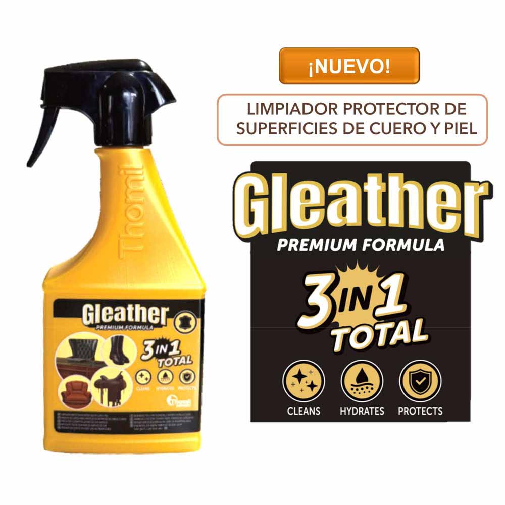Frasco amarelo com produto de limpeza para couro e pele GLEATHER