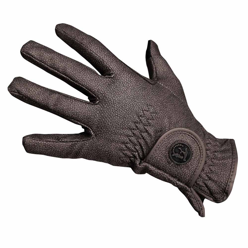 Luva castanha com botão preto e logo de cavalo