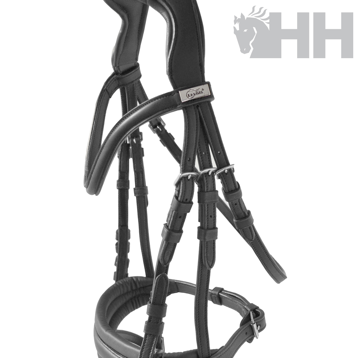 Cabresto de cavalo em couro preto acolchoado com fivelas prateadas