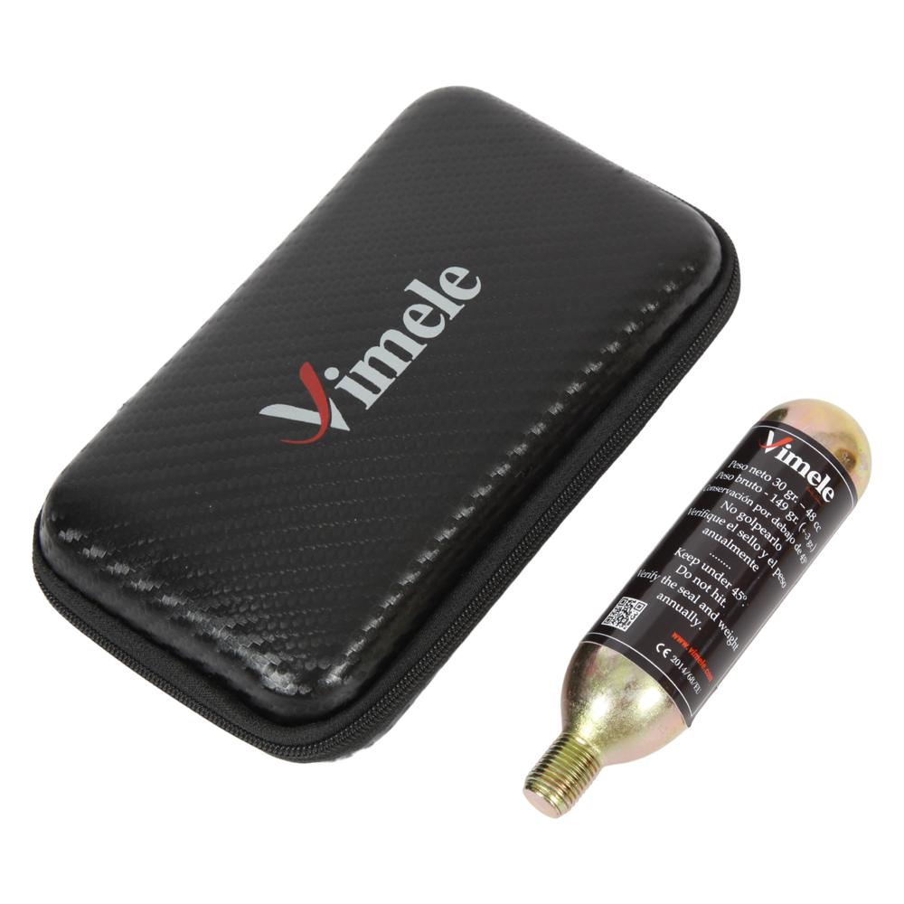 Estojo preto textura carbono e cilindro metálico com etiqueta Vimele