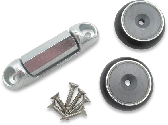 Conjunto de peças metálicas com fechadura magnética e bolas redondas pretas