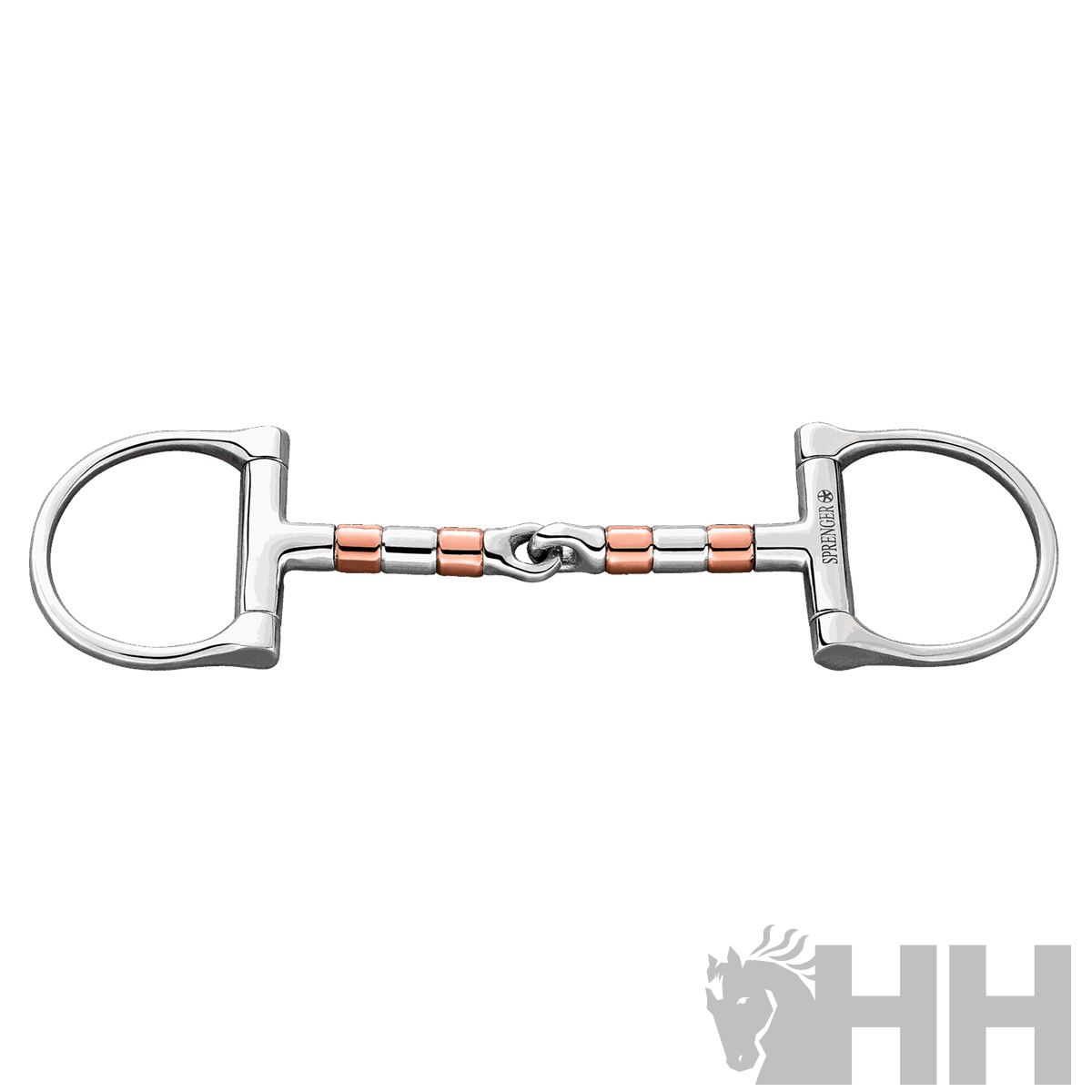 Freio metálico prateado com detalhes em cobre e argolas em cada extremidade