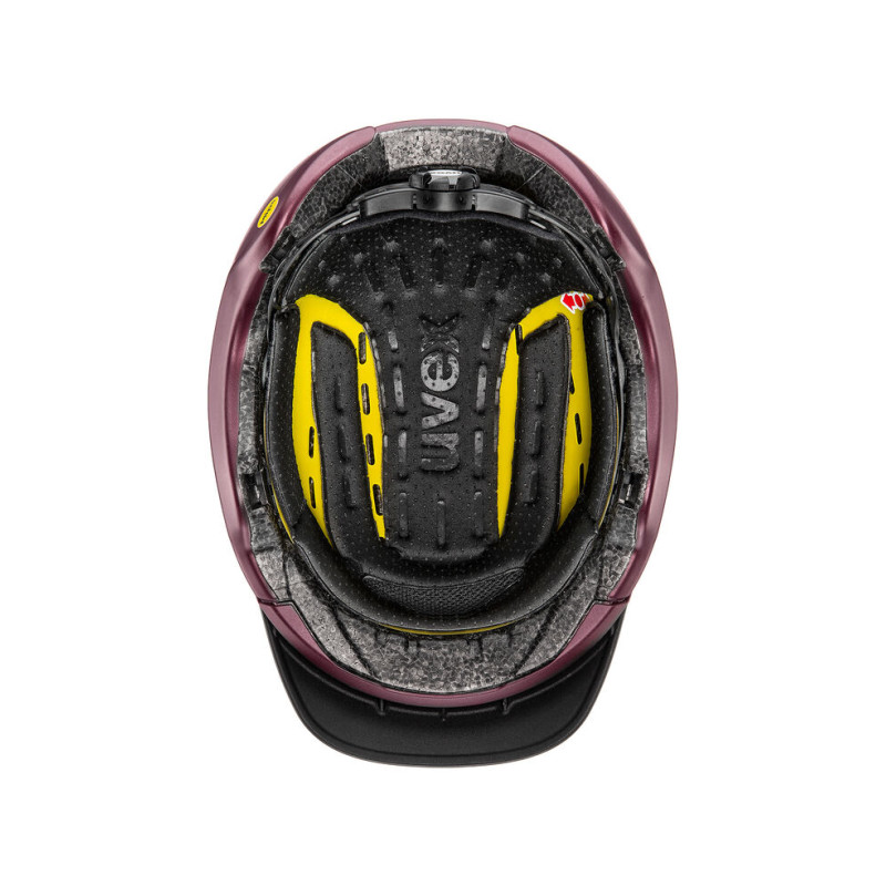 Capacete castanho com interior acolchoado preto e amarelo e aba preta