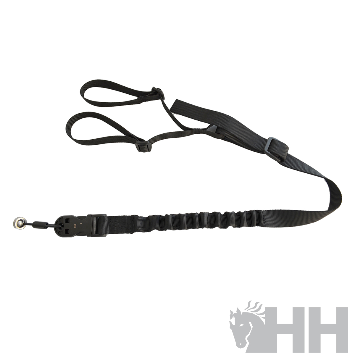 Correia ajustável preta para arma com alças e fivelas.