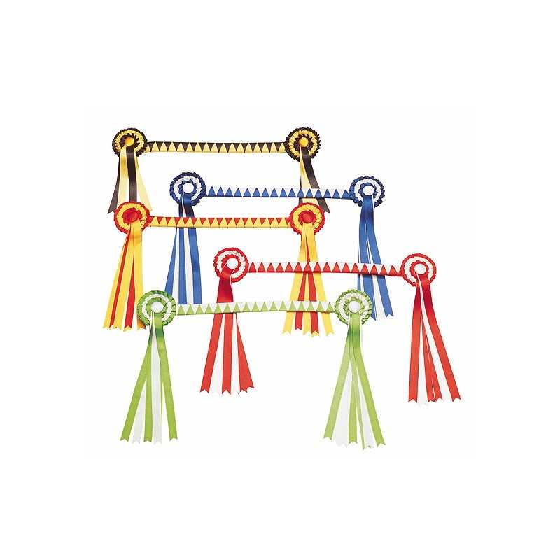 Oito fitas de prémio coloridas em tecido com franjas longas num padrão triangular
