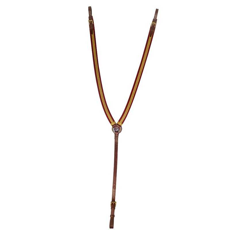 Suspensórios castanhos com riscas amarelas e vermelhas e fivela metálica