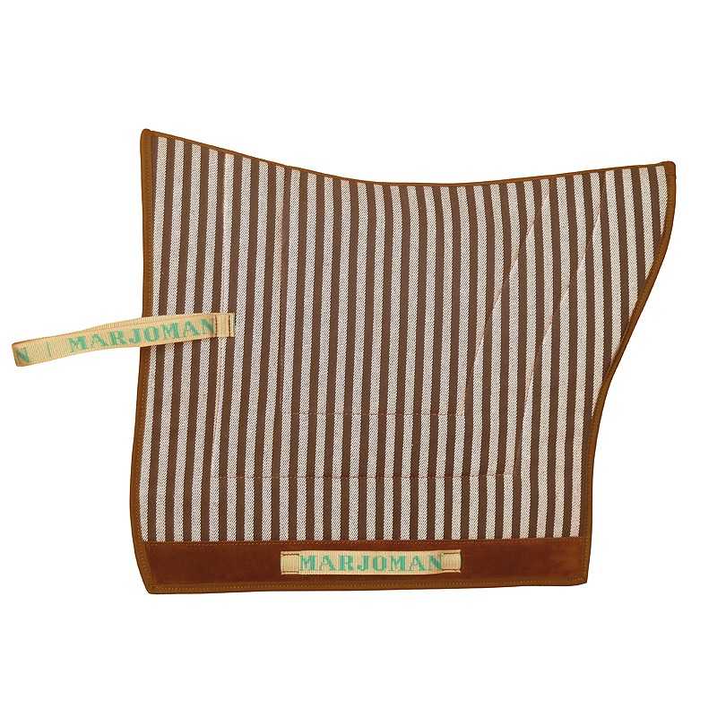 Peça de tecido riscada castanha e branca com etiquetas MARJOMAN