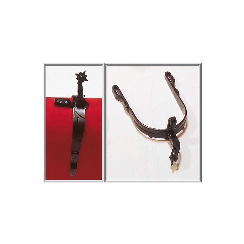 Estribo metálico castanho escuro com esporão em fundo branco e vermelho