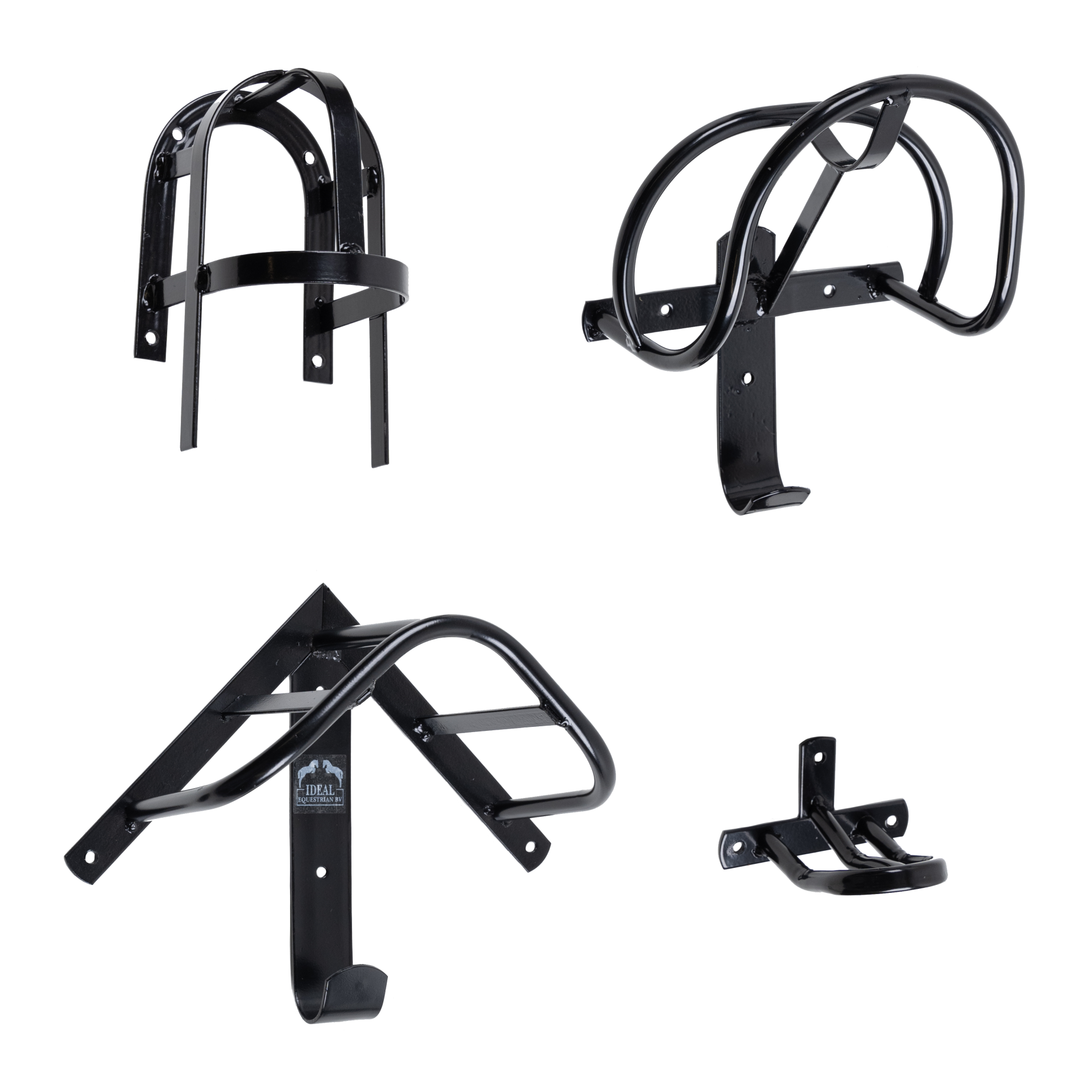 Quatro suportes pretos para bicicletas de metal com diferentes designs para fixação na parede