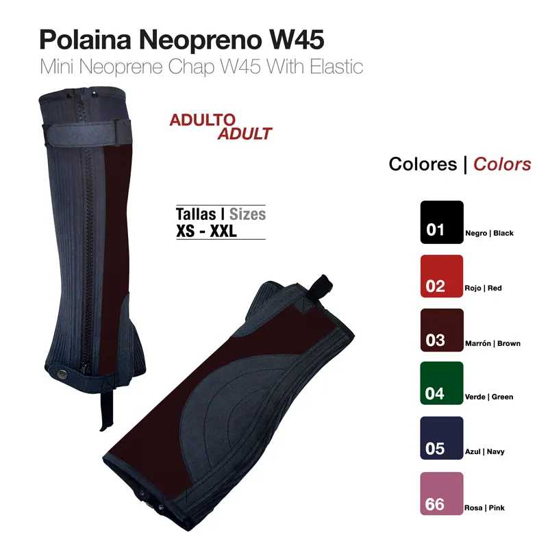 Polainas de neopreno W45 para adulto em várias cores e tamanhos, com texto descritivo ao lado