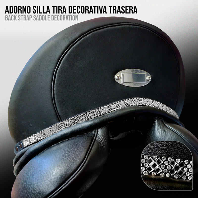 Adorno para sela preta com tira decorativa em padrão de diamantes pretos e brancos