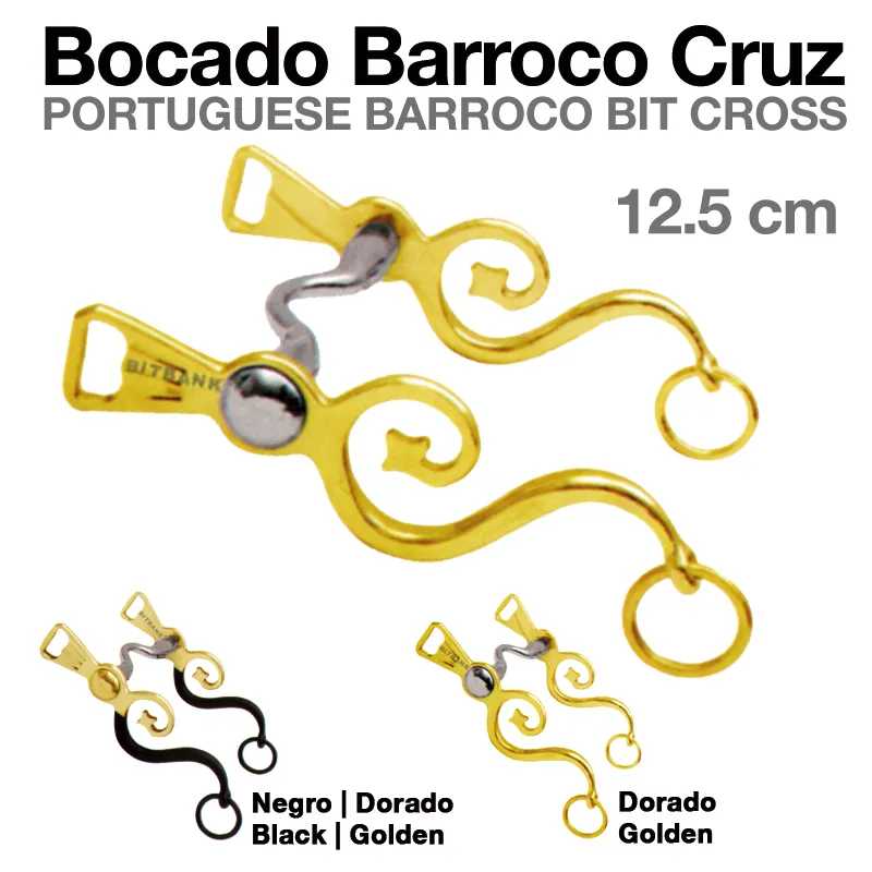 Bocado barroco cruz português de metal em preto e dourado, 12,5 cm, com design ondulado.