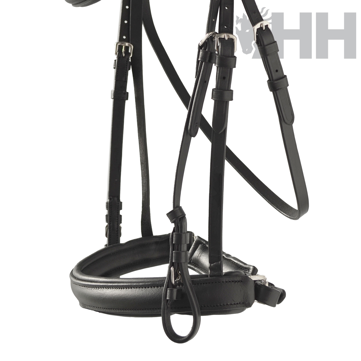Bridão de pele preta com fivelas metálicas prateadas para equitação