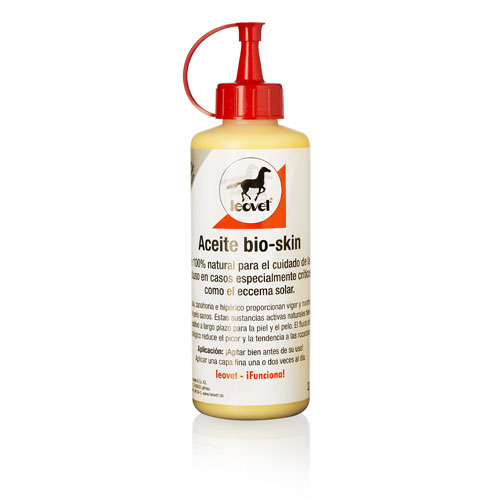 Frasco amarelo com tampa vermelha e rótulo branco de Aceite bio-skin da marca lecvet