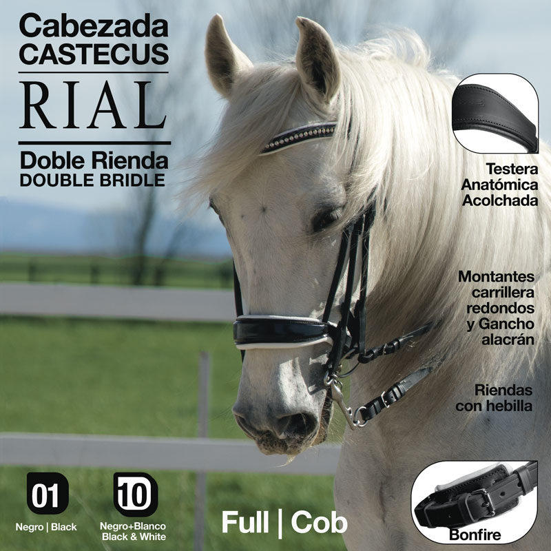 Cabeçada para cavalo preta e branca com detalhes acolchoados, mostrada num cavalo branco em exterior