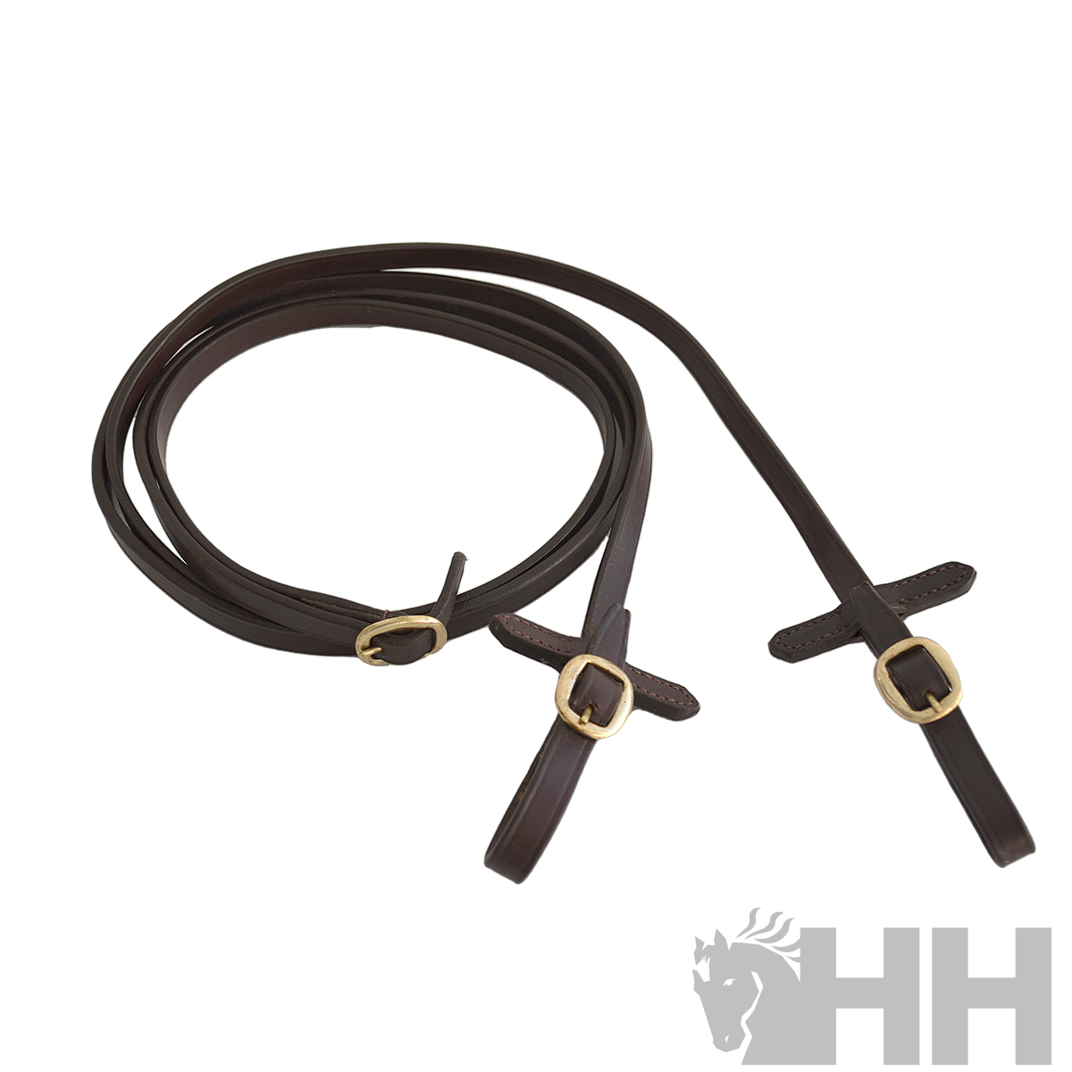 Estribo de couro castanho escuro com fivelas douradas