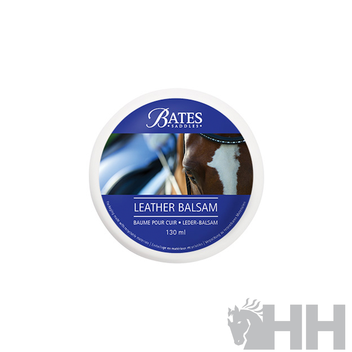 Bálsamo para couro Bates Saddlery, 130 ml, embalagem redonda azul e branca com imagem de cavalo