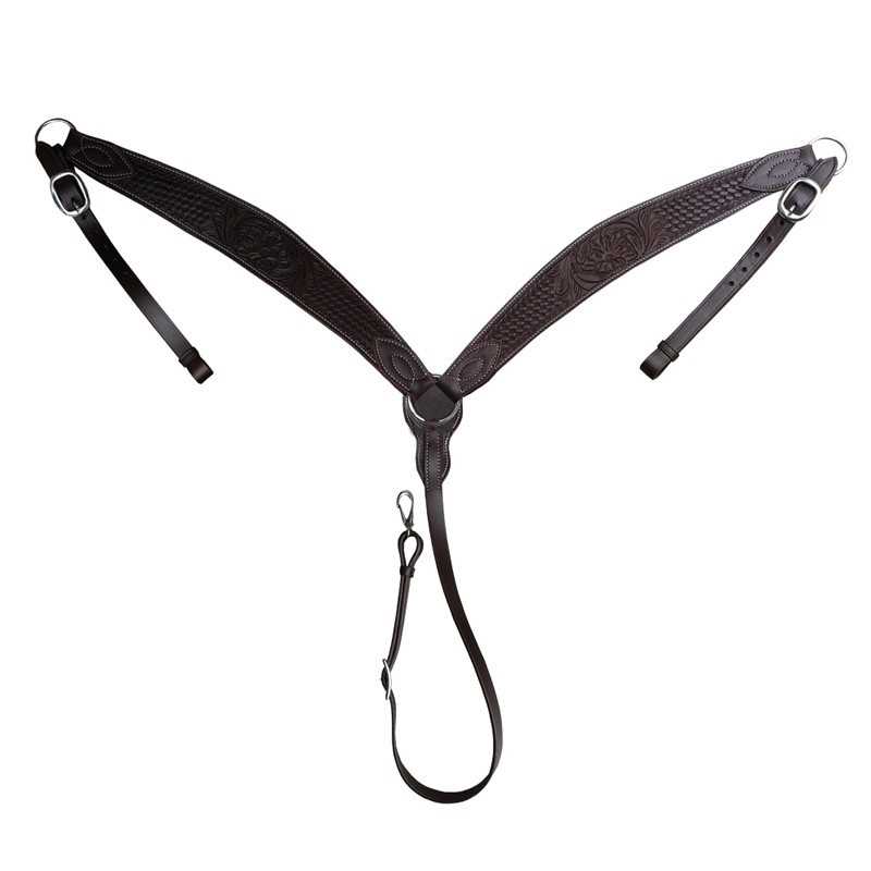 peitoral preto para cavalo em couro com design em V e tiras ajustáveis