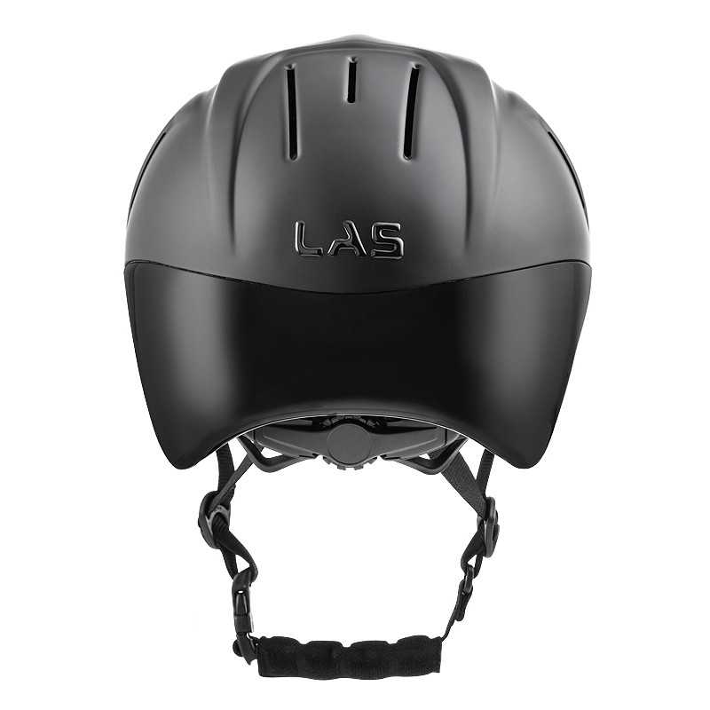 Capacete de ciclista cinza escuro com viseira preta e correia ajustável